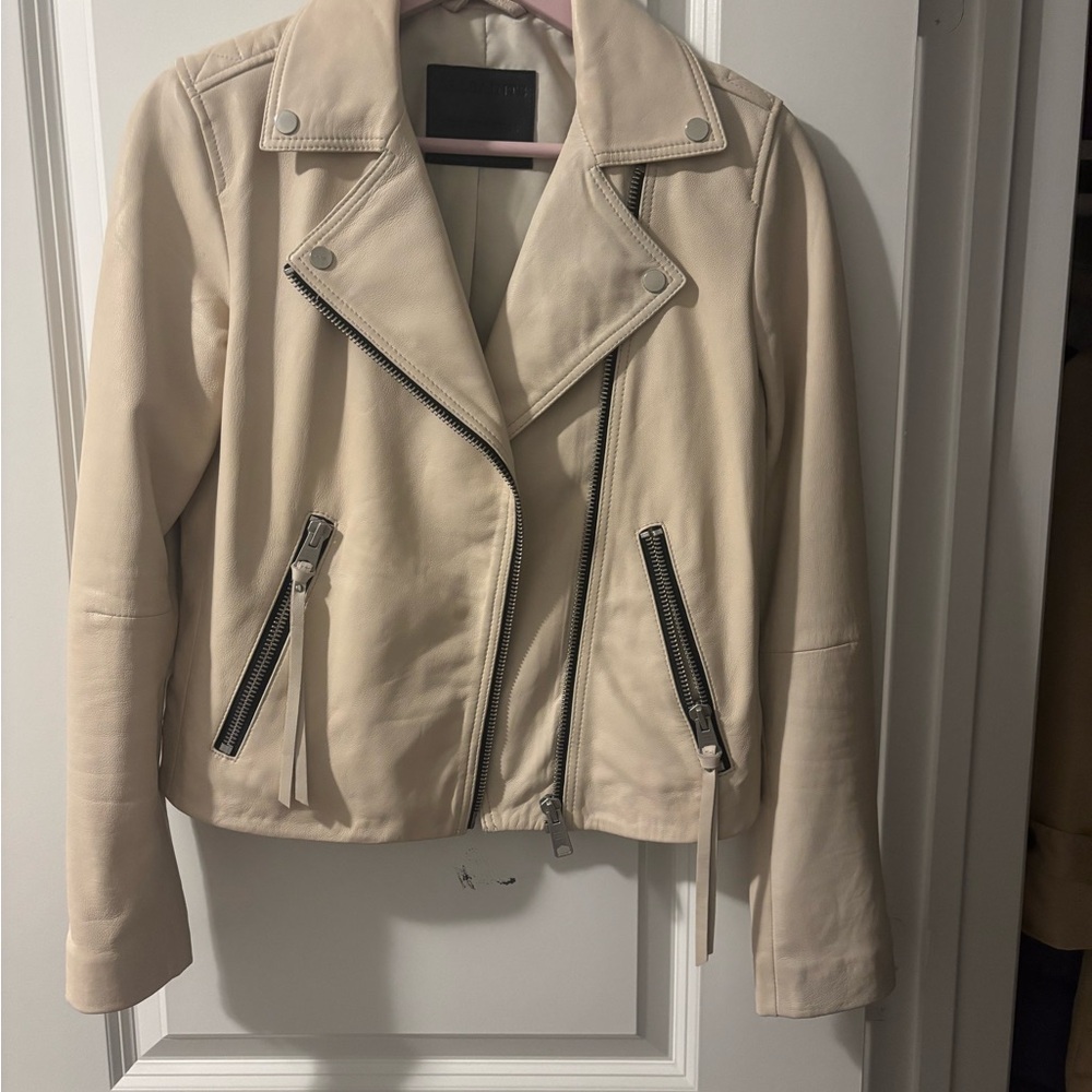 Cream Leather Biker Jacket